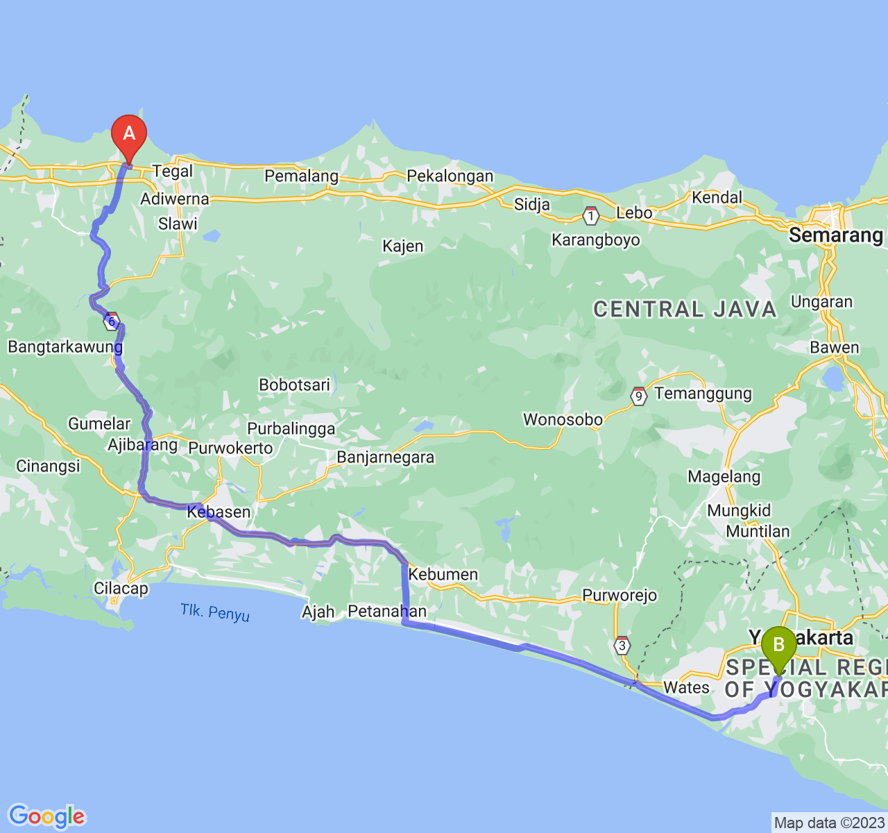 rute perjalanan Kab. Brebes-Kab. Bantul