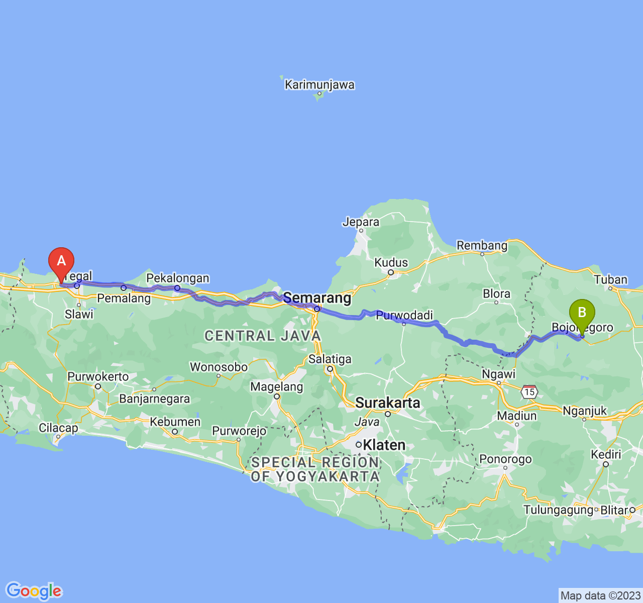 rute perjalanan Kab. Brebes-Kab. Bojonegoro