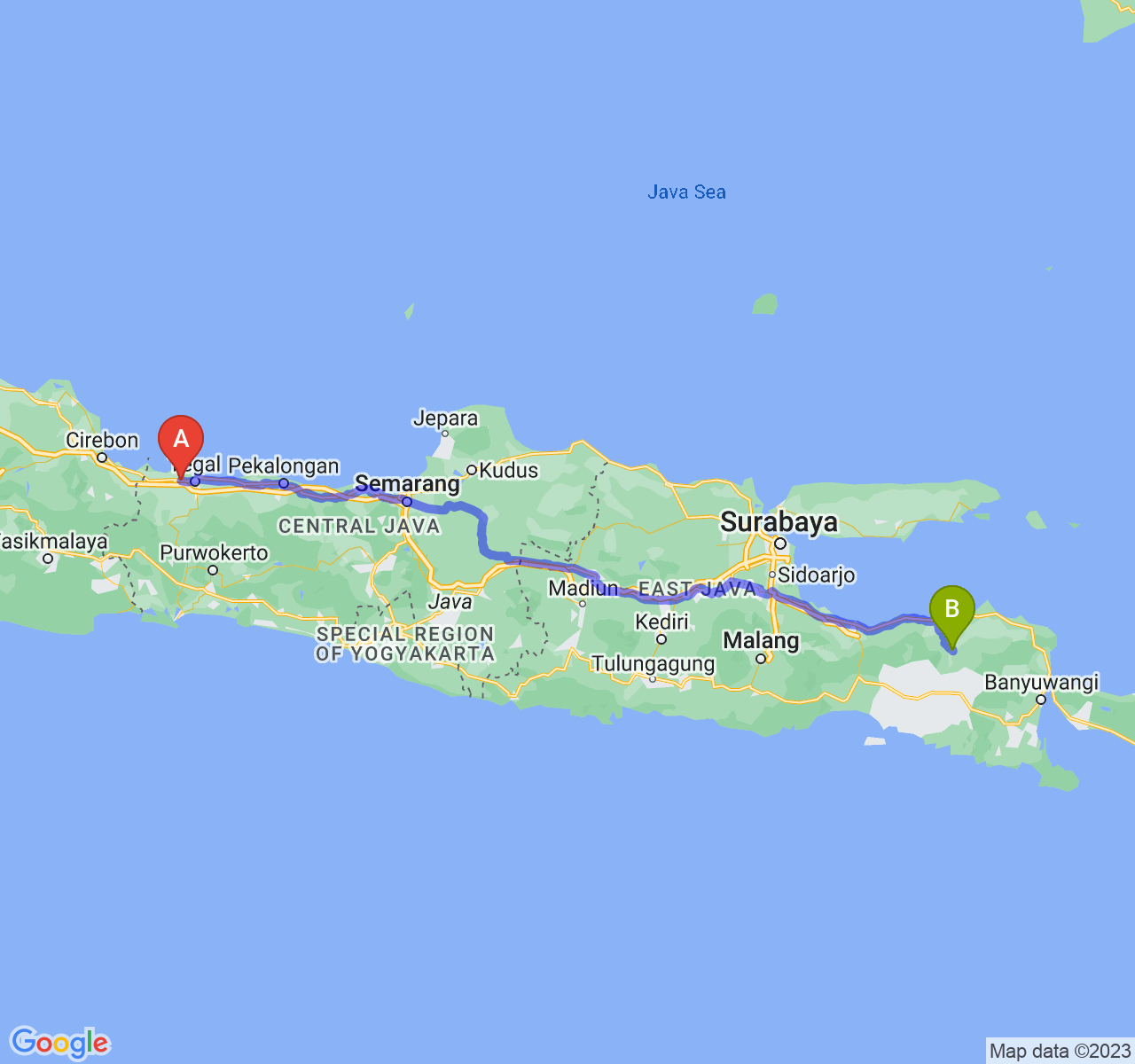 rute perjalanan Kab. Brebes-Kab. Bondowoso