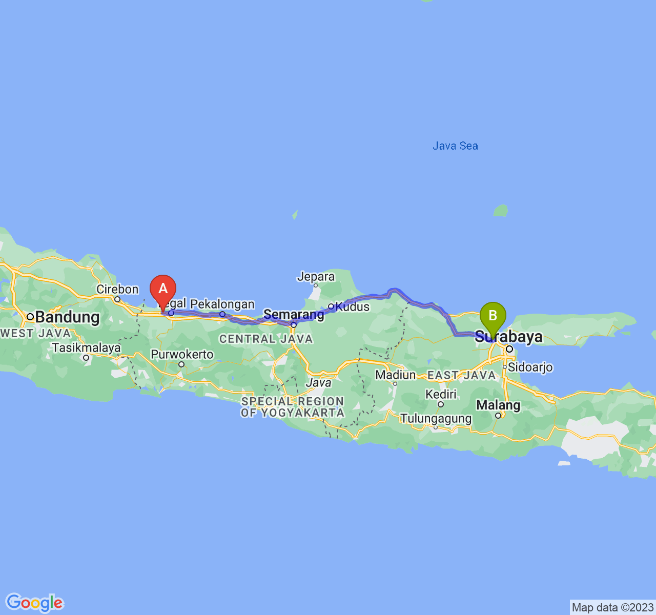 rute perjalanan Kab. Brebes-Kab. Gresik