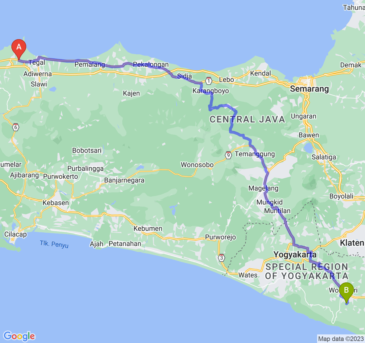 rute perjalanan Kab. Brebes-Kab. Gunung Kidul