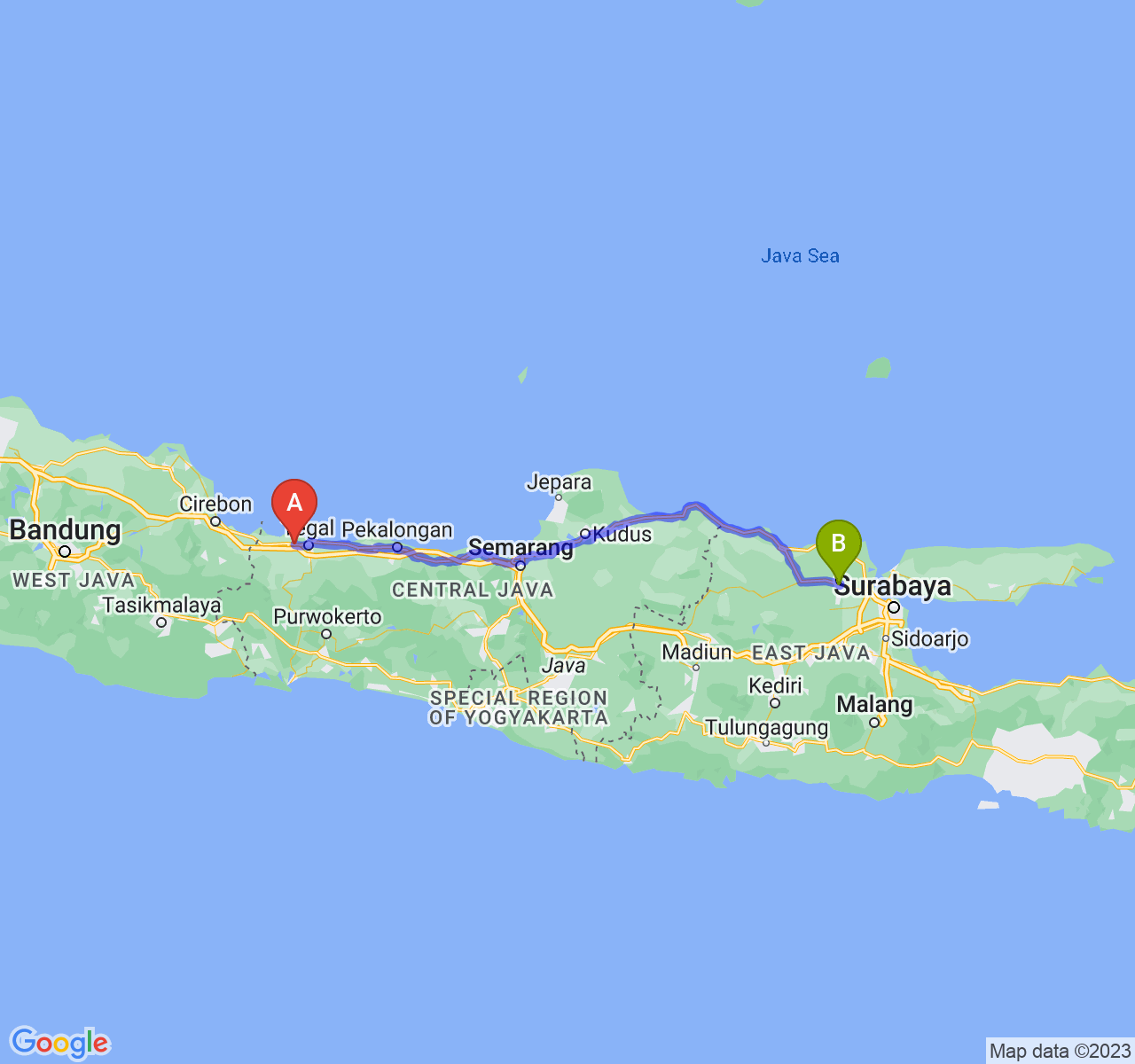 rute perjalanan Kab. Brebes-Kab. Lamongan