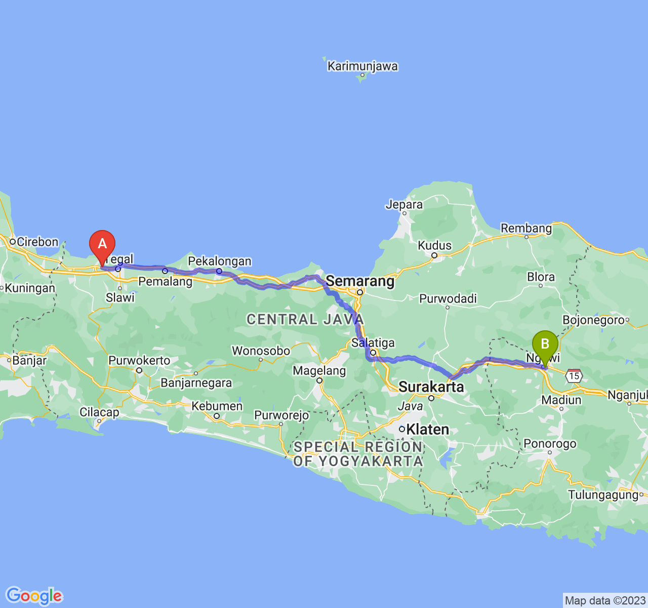 rute perjalanan Kab. Brebes-Kab. Ngawi