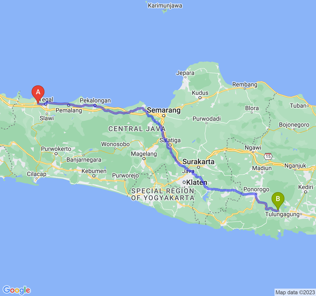 rute perjalanan Kab. Brebes-Kab. Trenggalek