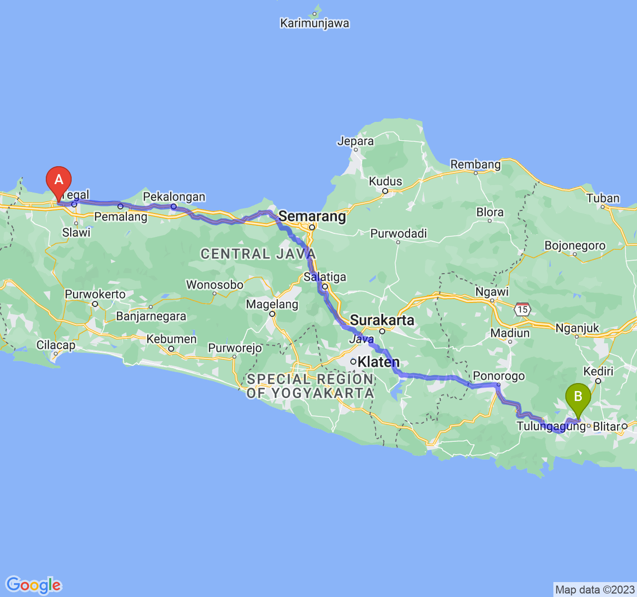 rute perjalanan Kab. Brebes-Kab. Tulungagung