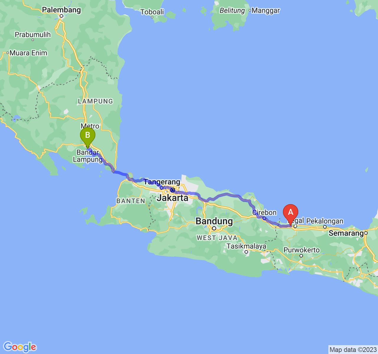 rute perjalanan Kab. Brebes-Kota Bandar Lampung