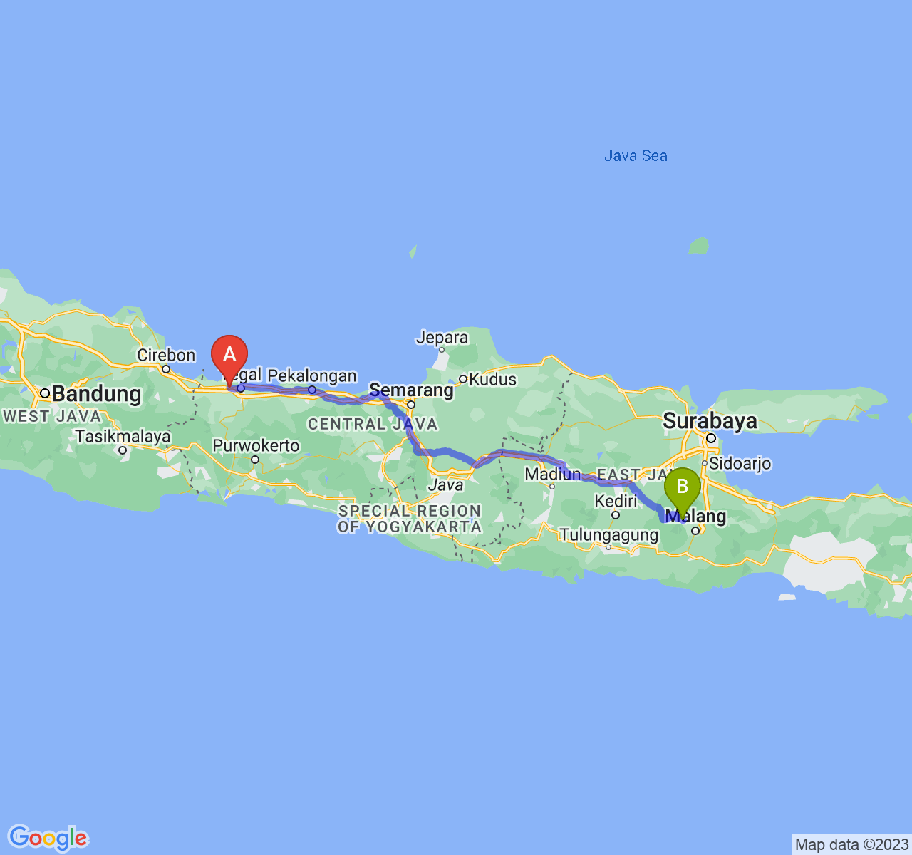 rute perjalanan Kab. Brebes-Kota Batu