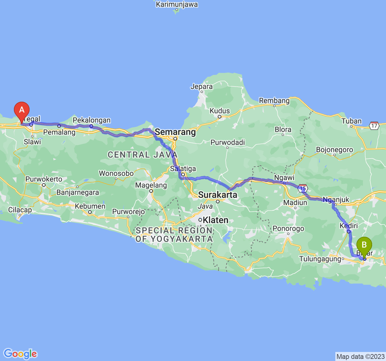 rute perjalanan Kab. Brebes-Kota Blitar