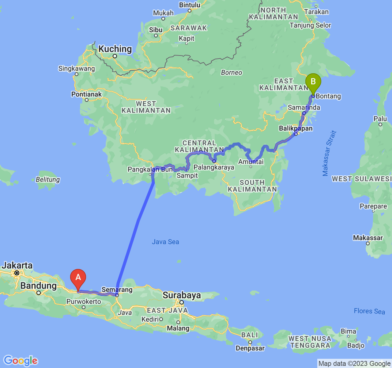 rute perjalanan Kab. Brebes-Kota Bontang