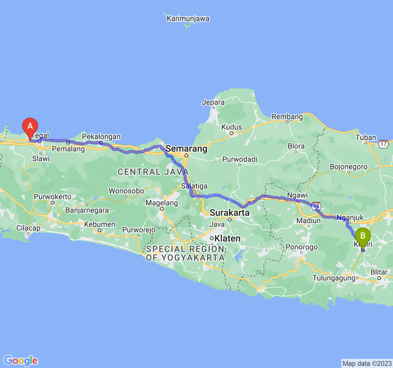 rute perjalanan Kab. Brebes-Kota Kediri