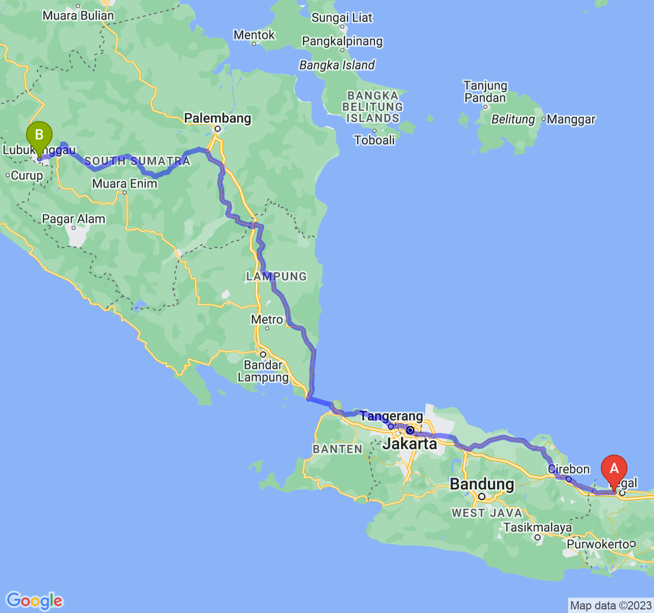 rute perjalanan Kab. Brebes-Kota Lubuk Linggau