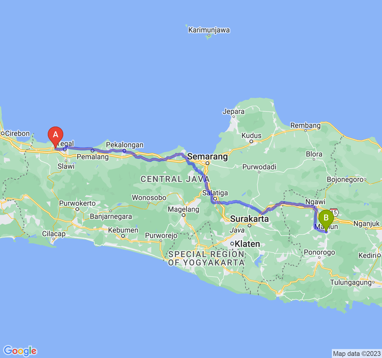 rute perjalanan Kab. Brebes-Kota Madiun