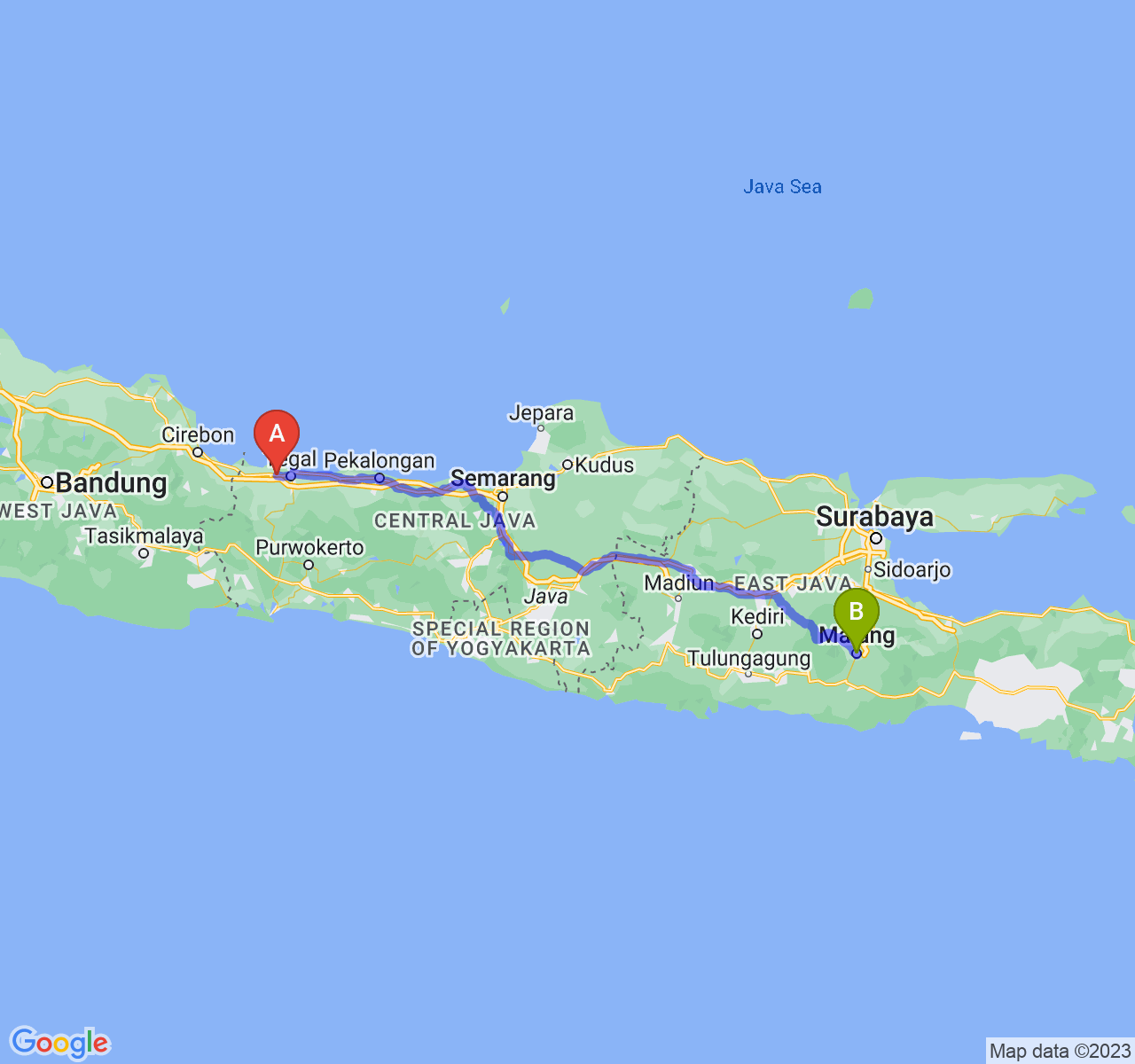 rute perjalanan Kab. Brebes-Kota Malang