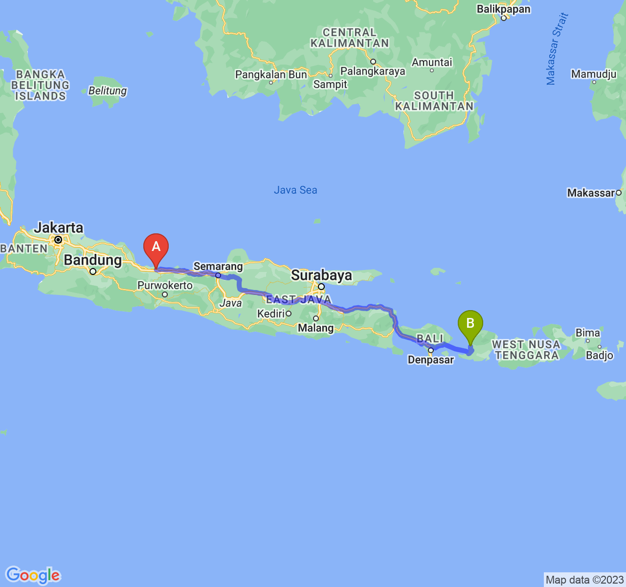 rute perjalanan Kab. Brebes-Kota Mataram