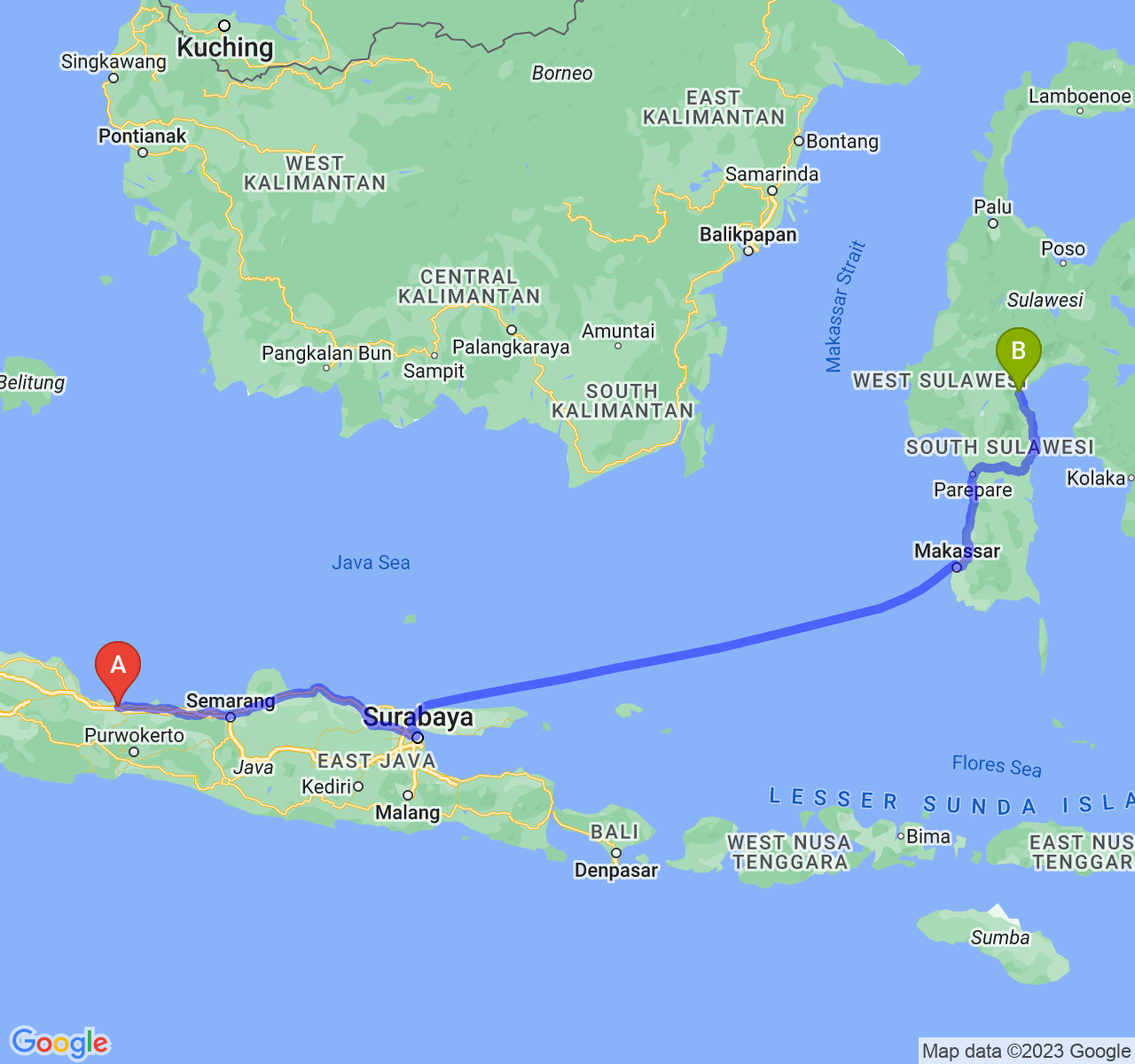 rute perjalanan Kab. Brebes-Kota Palopo