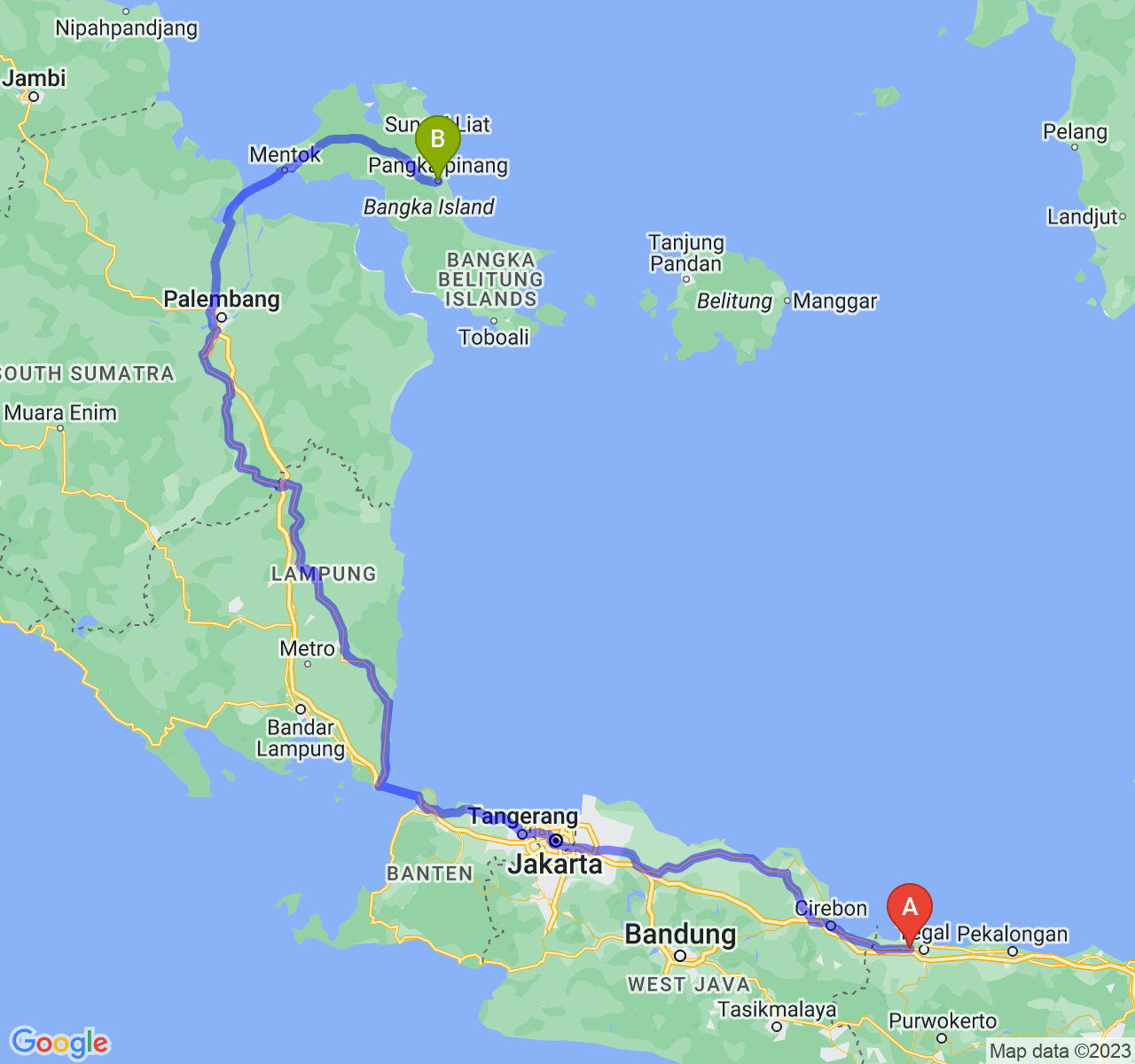 rute perjalanan Kab. Brebes-Kota Pangkalpinang