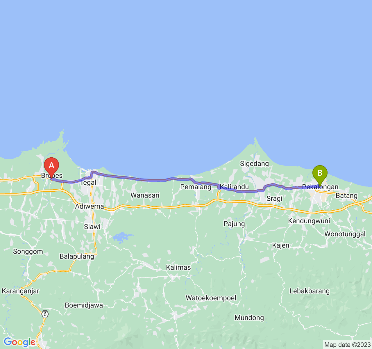 rute perjalanan Kab. Brebes-Kota Pekalongan