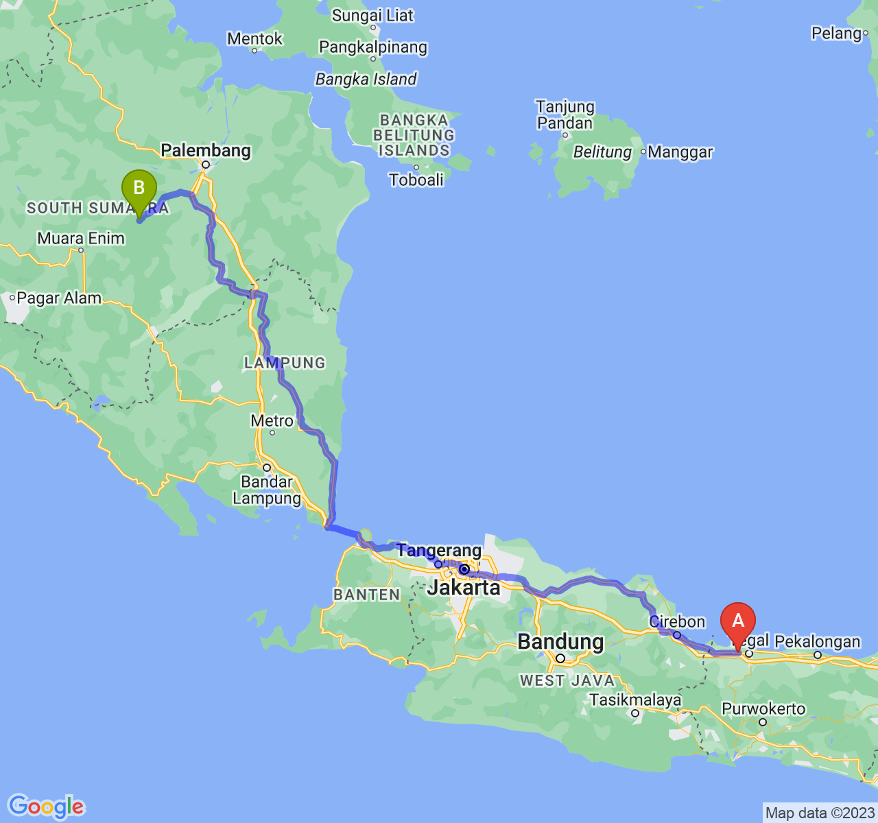 rute perjalanan Kab. Brebes-Kota Prabumulih