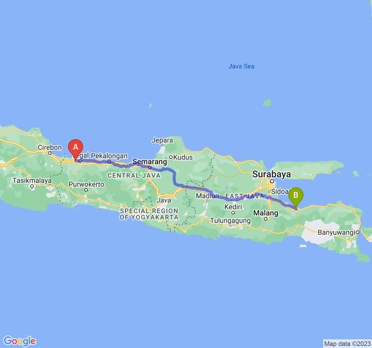 rute perjalanan Kab. Brebes-Kota Probolinggo