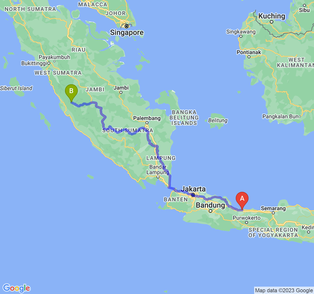 rute perjalanan Kab. Brebes-Kota Sungai Penuh