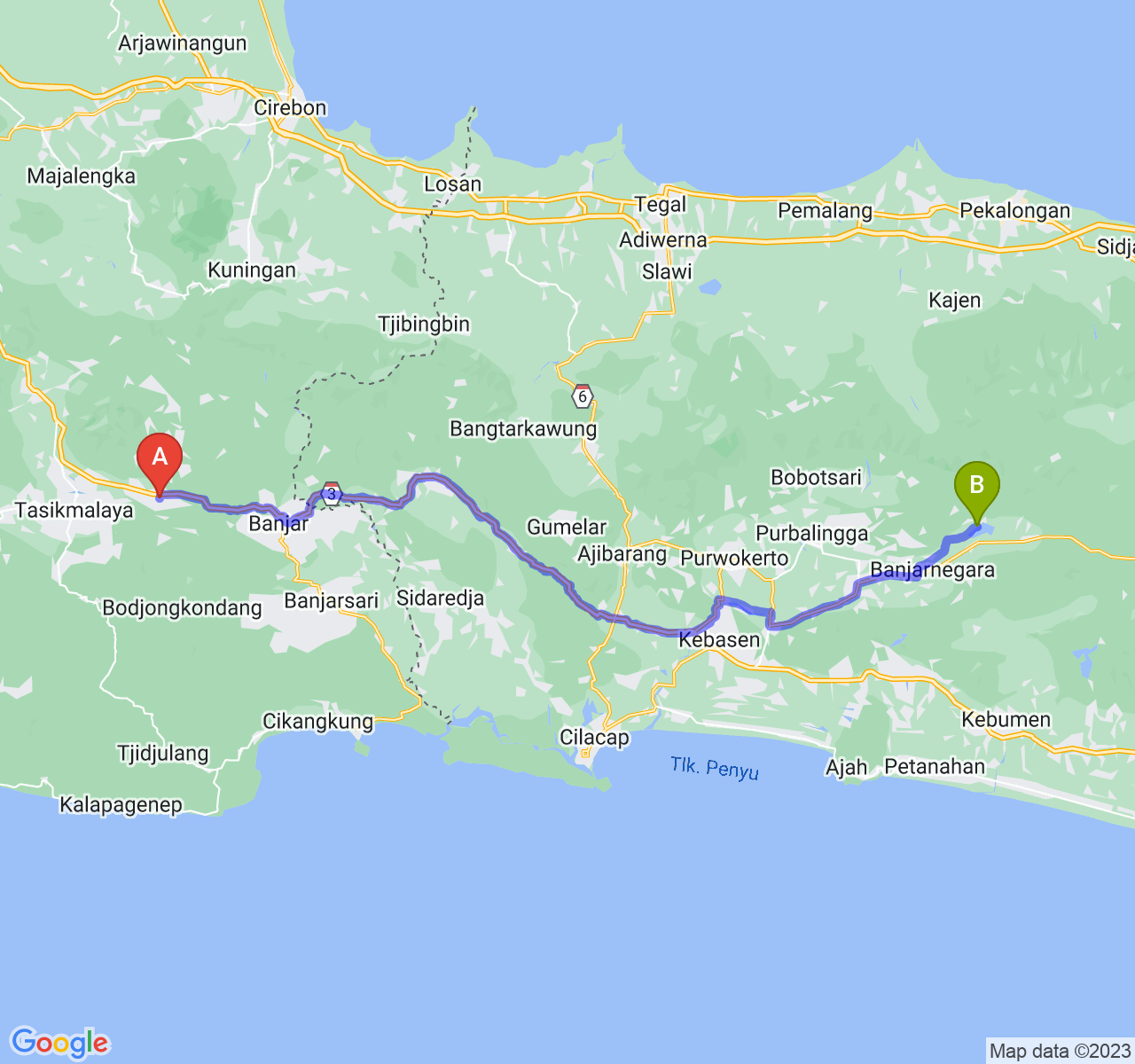 rute perjalanan Kab. Ciamis-Kab. Banjarnegara