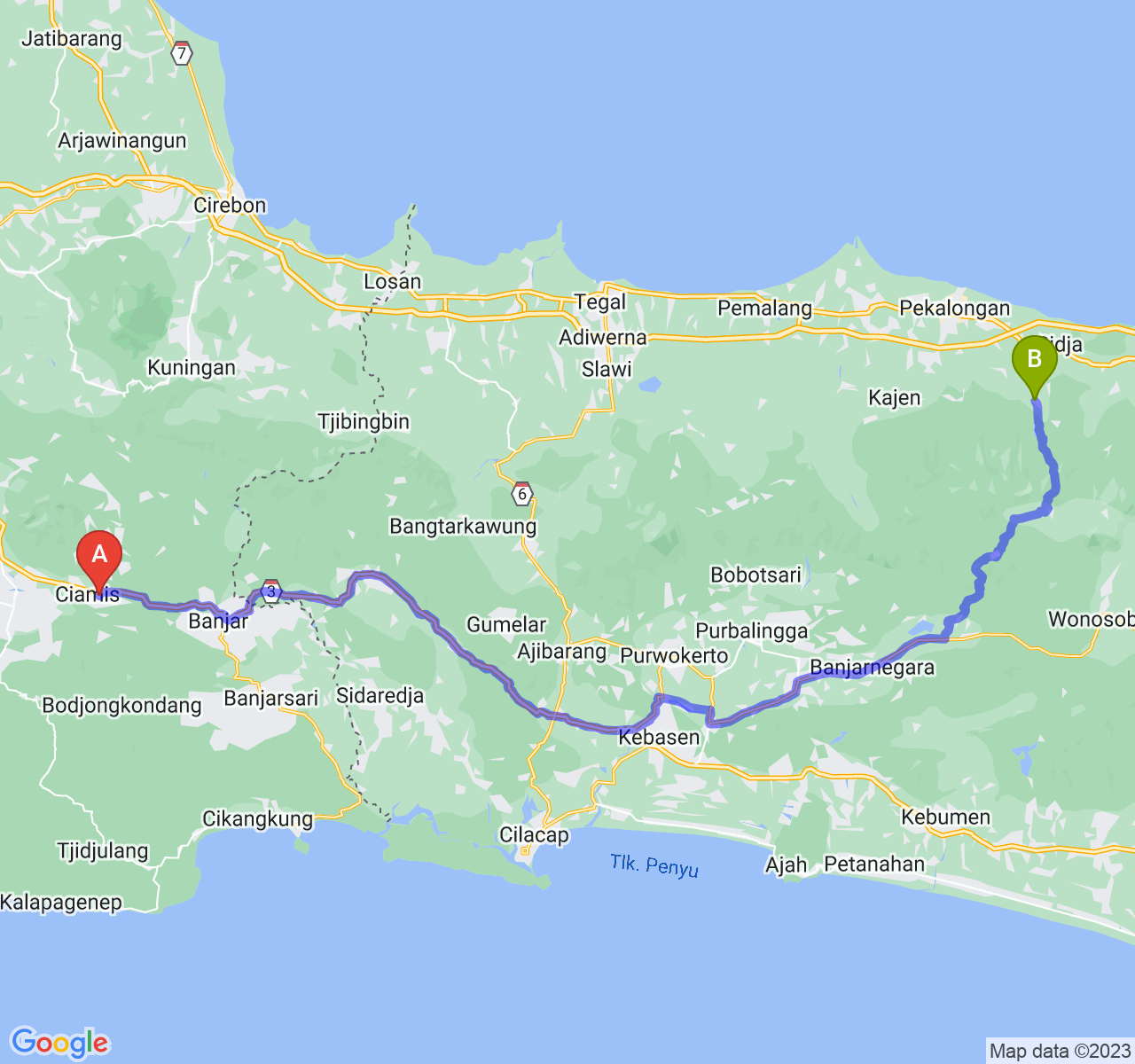 rute perjalanan Kab. Ciamis-Kab. Batang