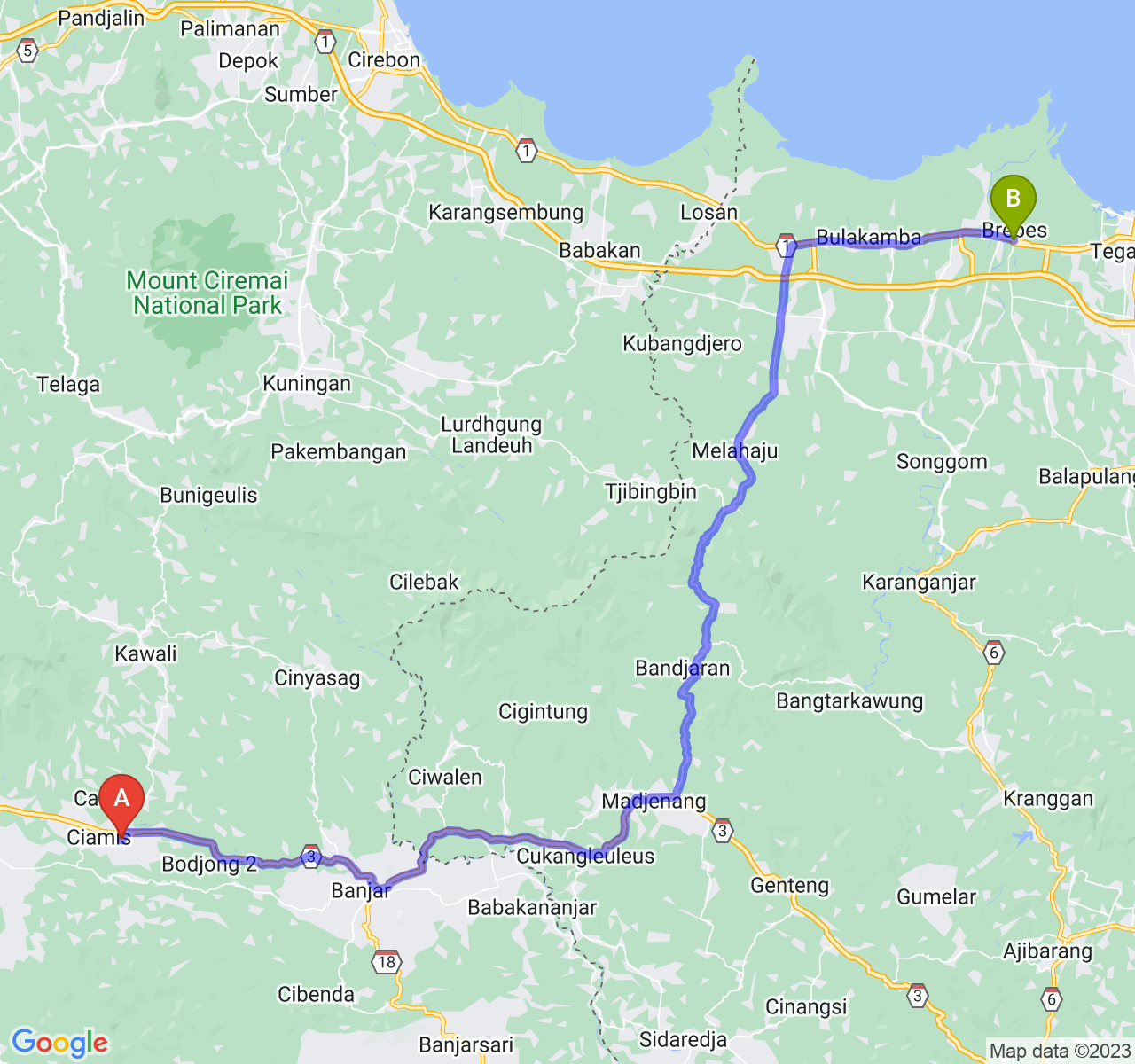 rute perjalanan Kab. Ciamis-Kab. Brebes