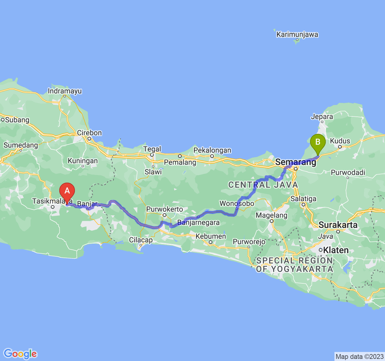 rute perjalanan Kab. Ciamis-Kab. Demak