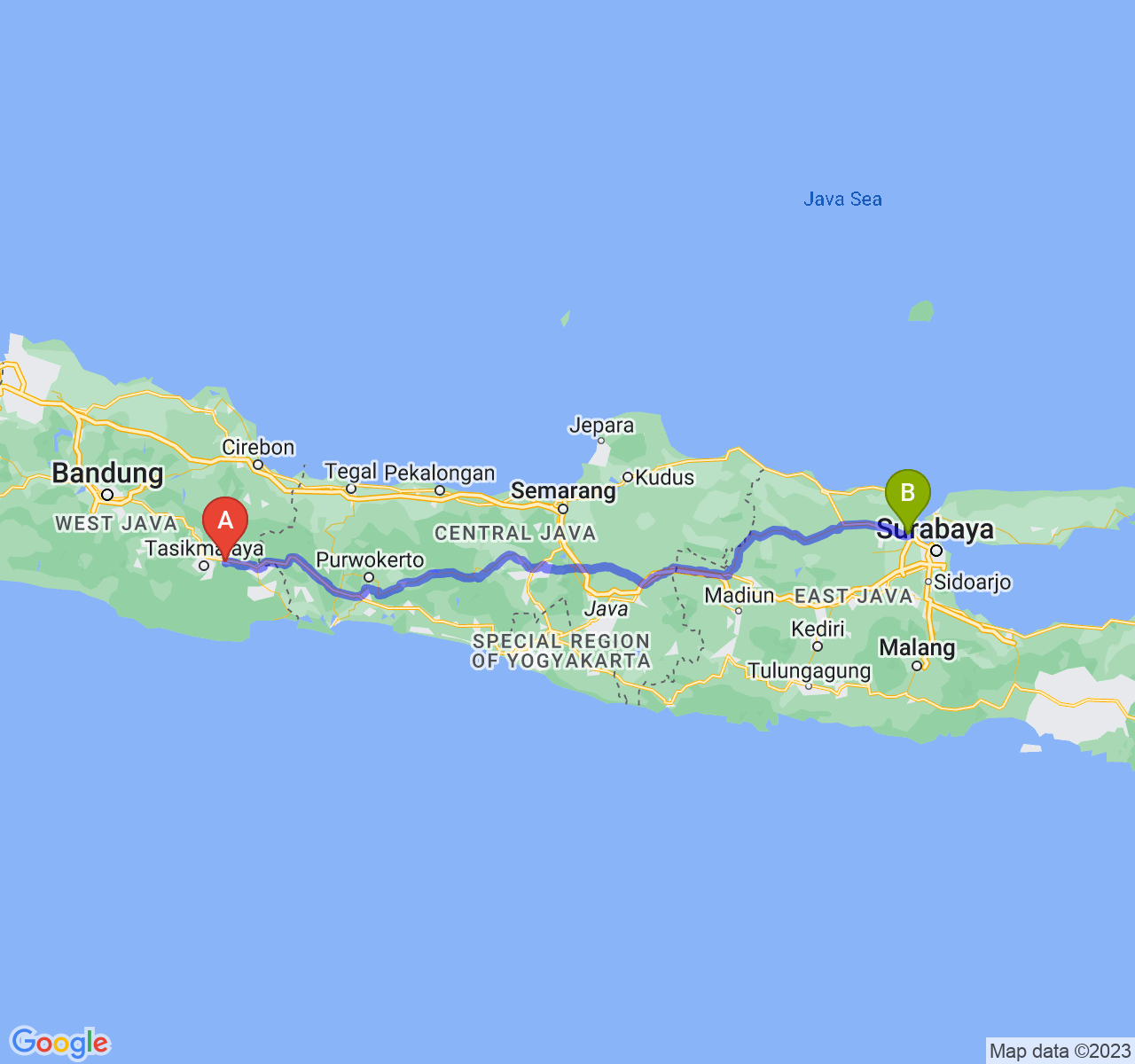 rute perjalanan Kab. Ciamis-Kab. Gresik