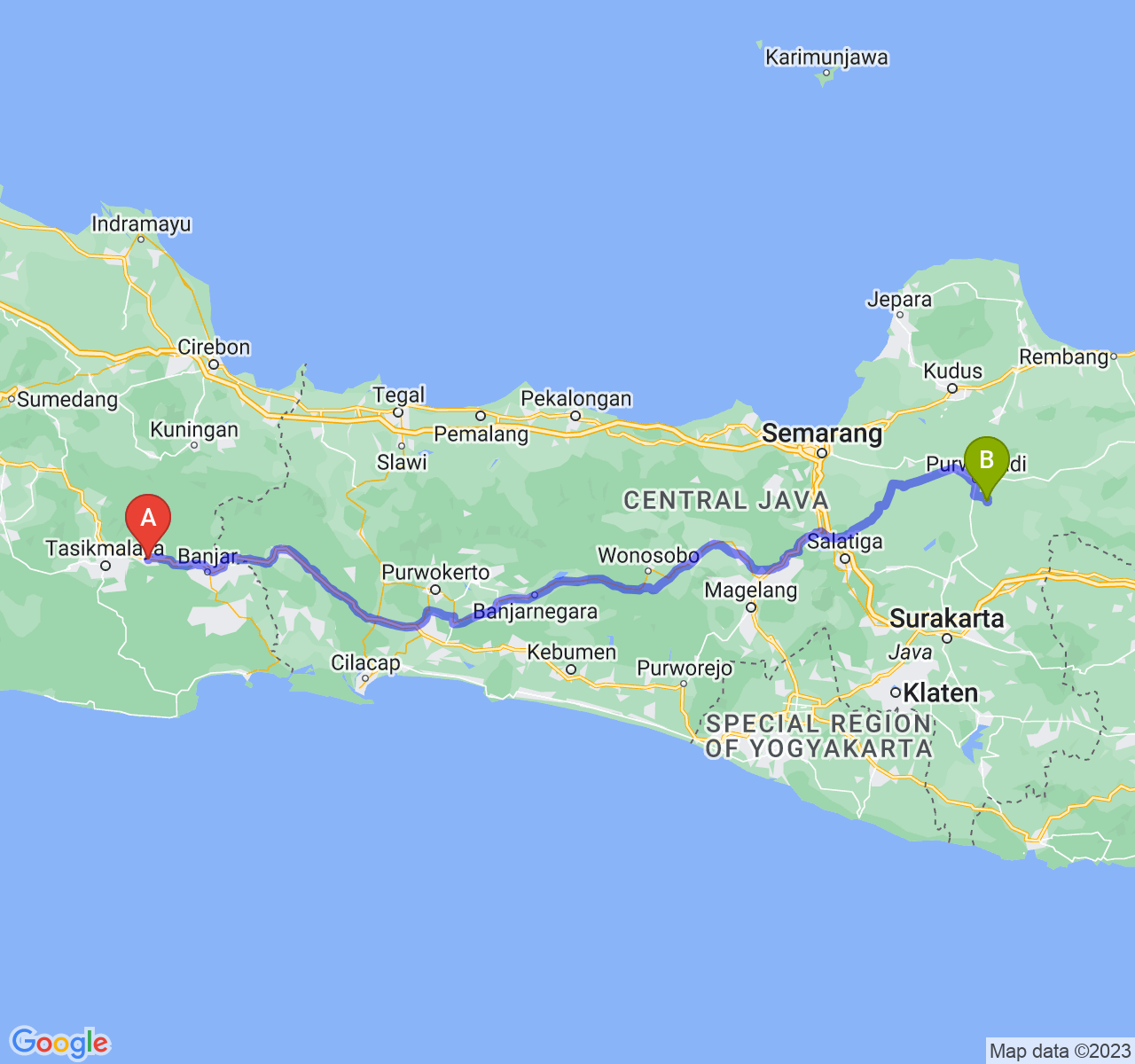 rute perjalanan Kab. Ciamis-Kab. Grobogan