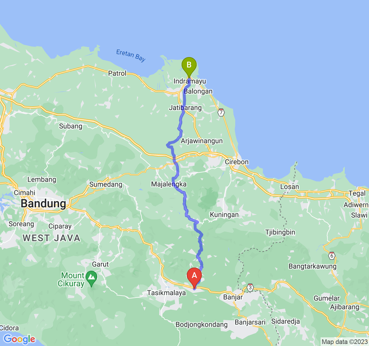 rute perjalanan Kab. Ciamis-Kab. Indramayu