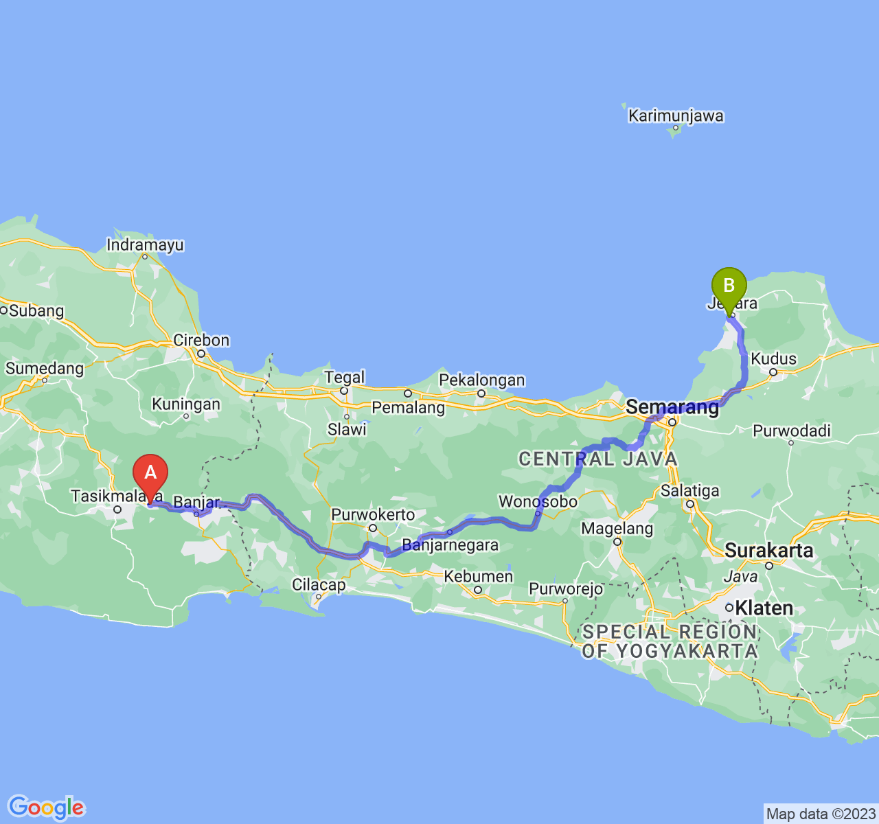 rute perjalanan Kab. Ciamis-Kab. Jepara