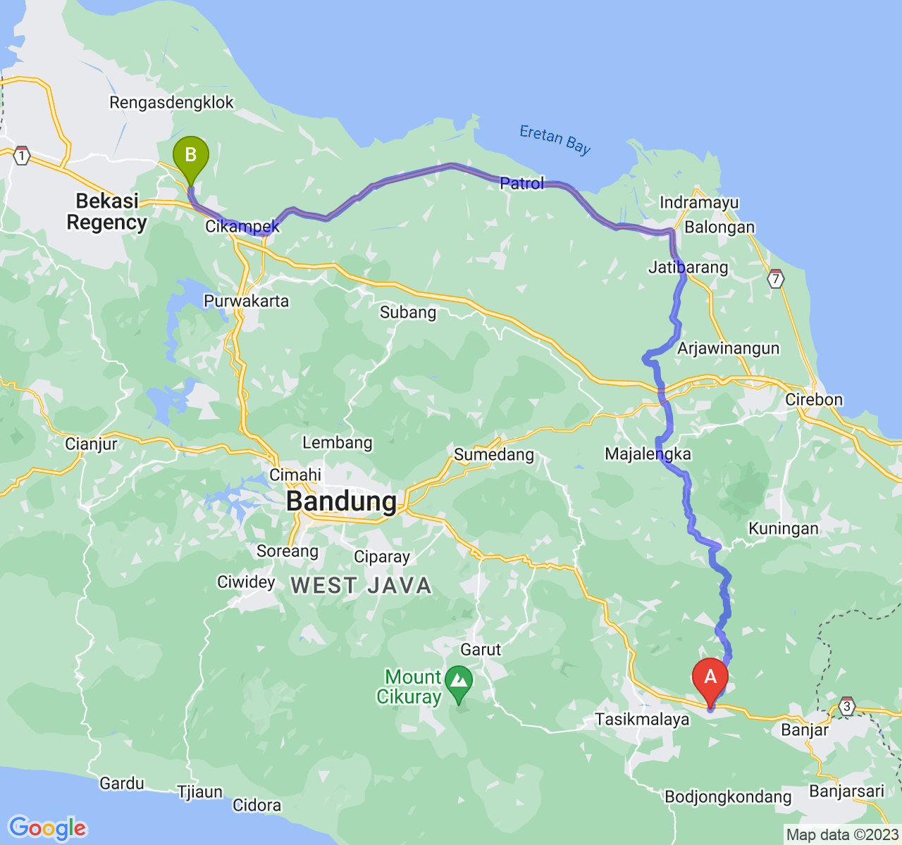 rute perjalanan Kab. Ciamis-Kab. Karawang