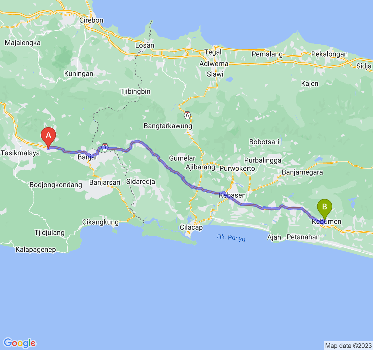 rute perjalanan Kab. Ciamis-Kab. Kebumen