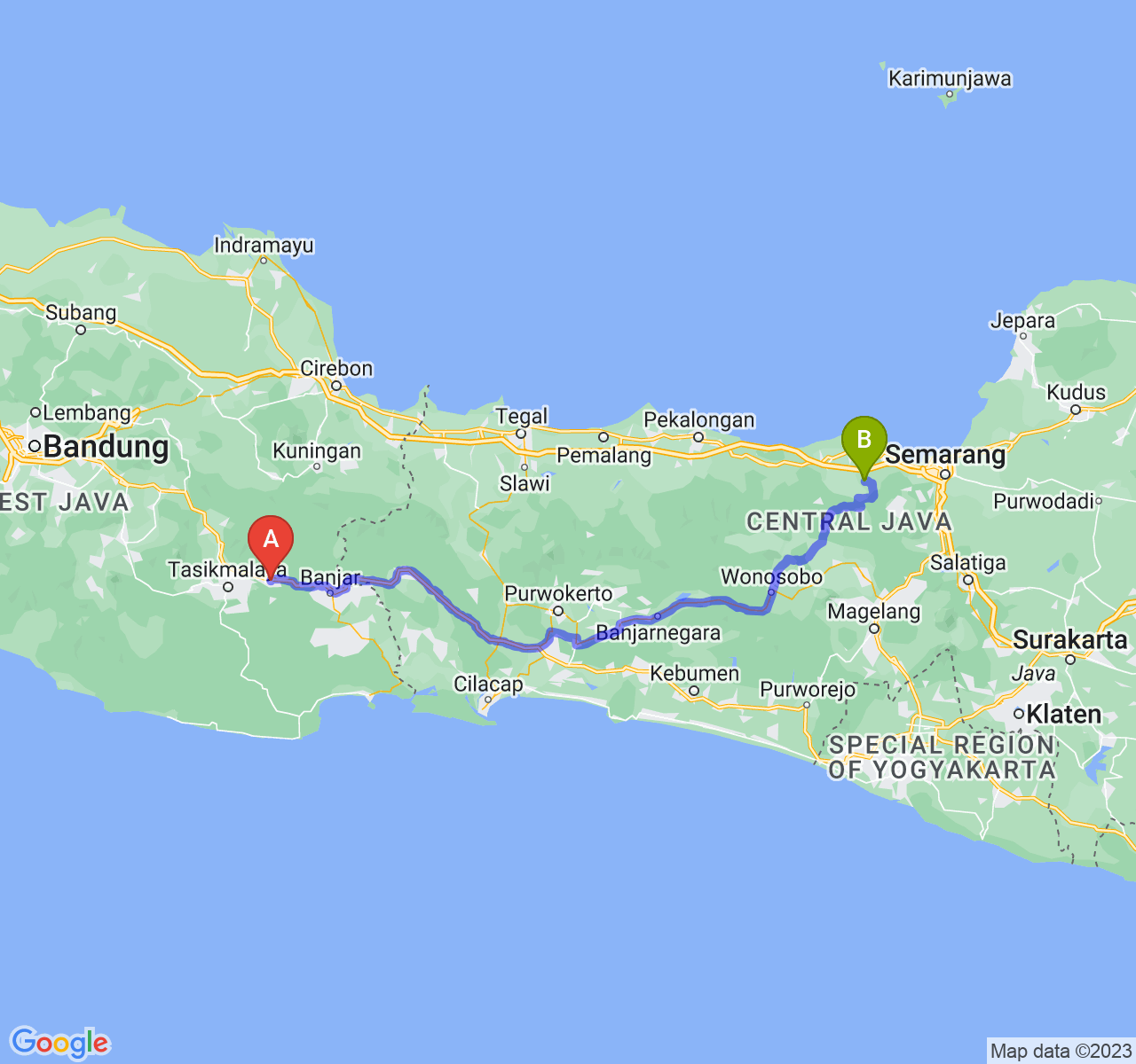 rute perjalanan Kab. Ciamis-Kab. Kendal