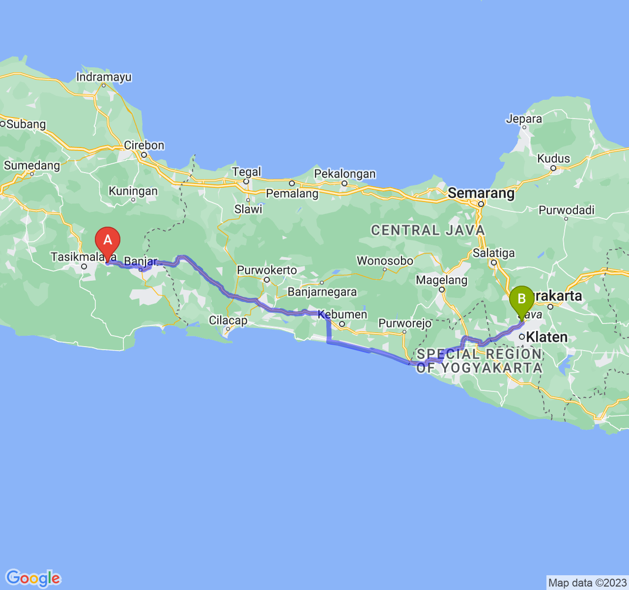 rute perjalanan Kab. Ciamis-Kab. Klaten