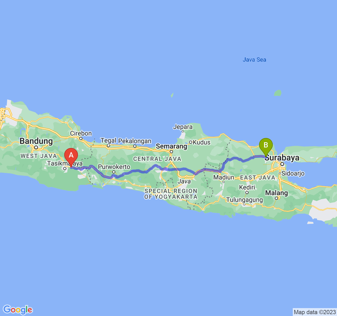 rute perjalanan Kab. Ciamis-Kab. Lamongan