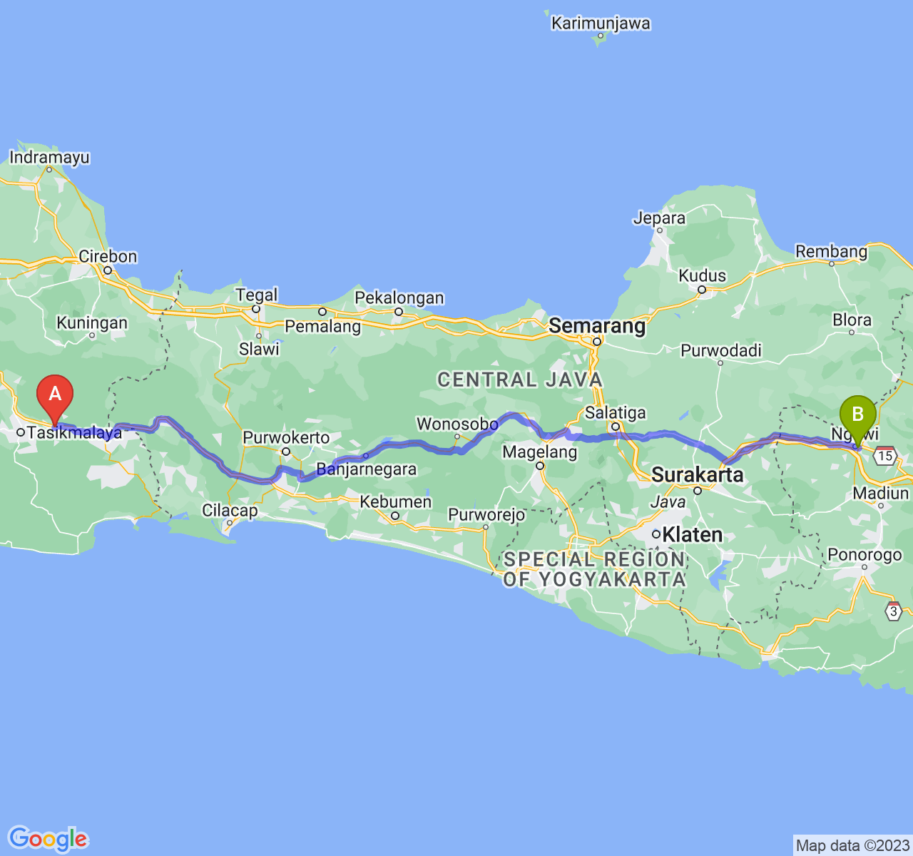 rute perjalanan Kab. Ciamis-Kab. Ngawi