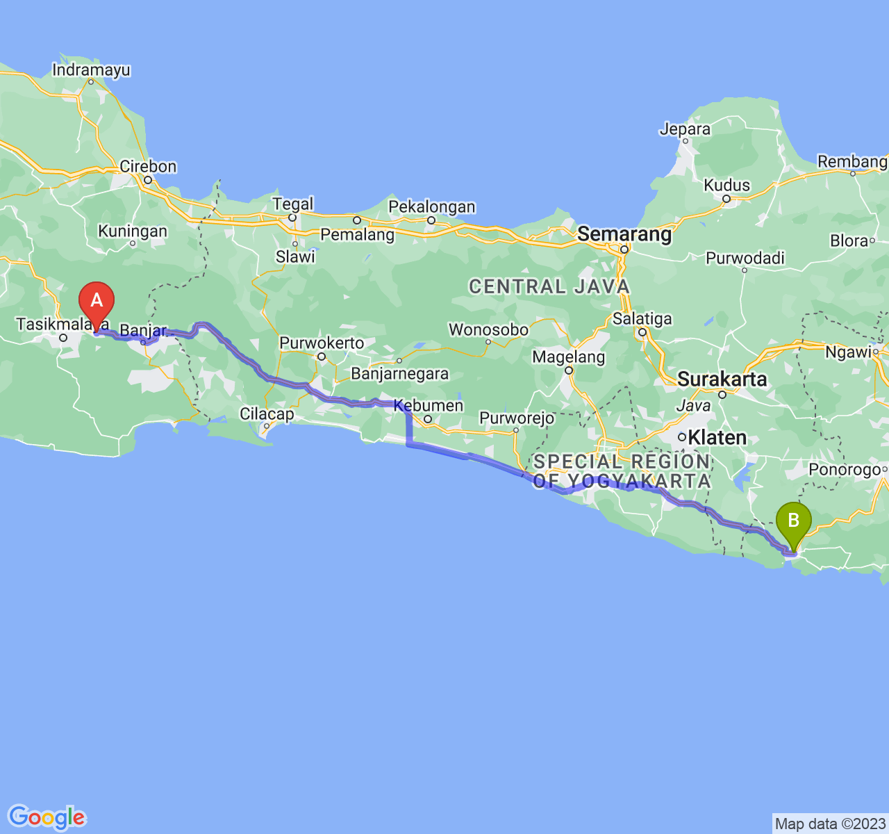 rute perjalanan Kab. Ciamis-Kab. Pacitan