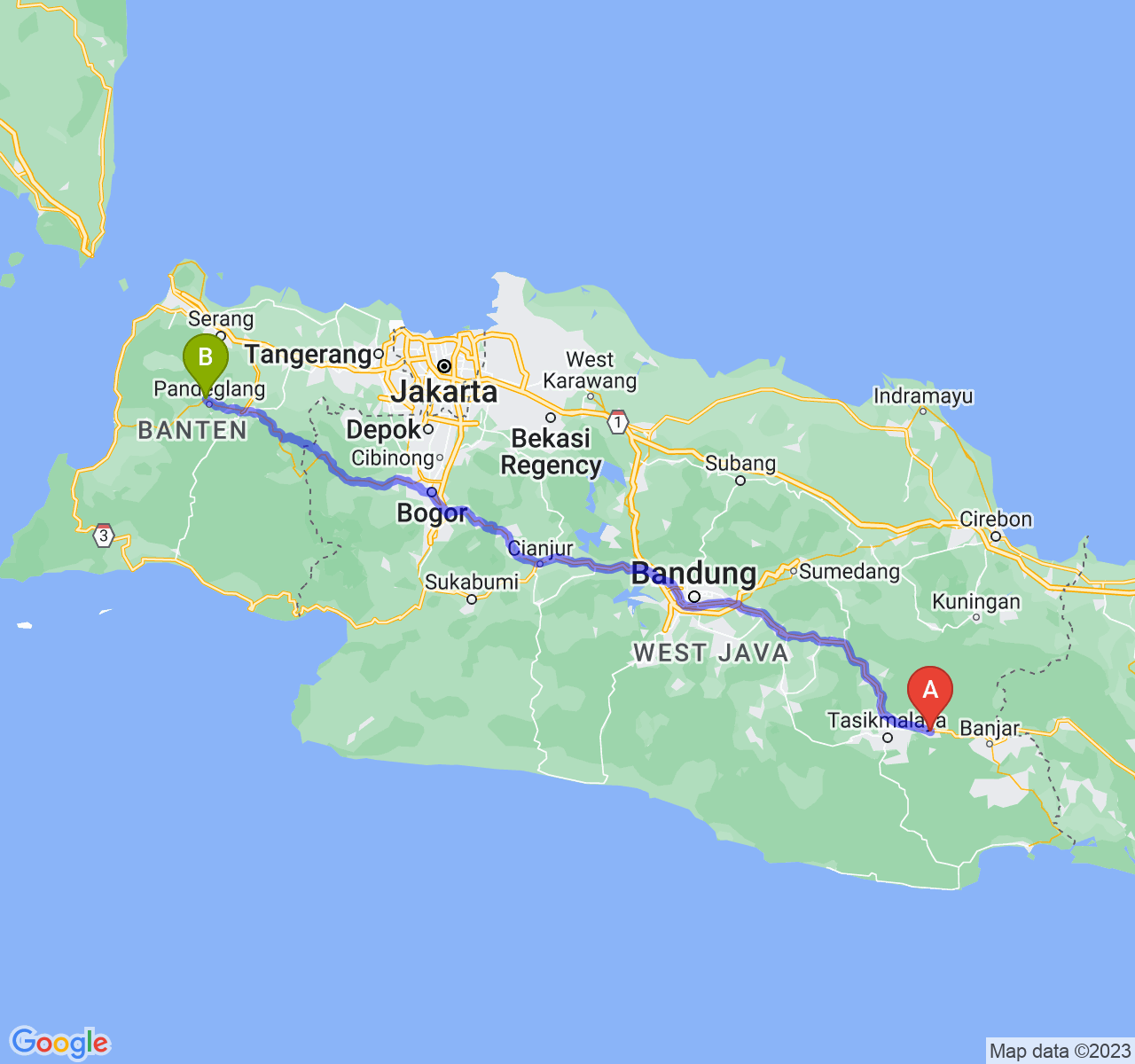 rute perjalanan Kab. Ciamis-Kab. Pandeglang