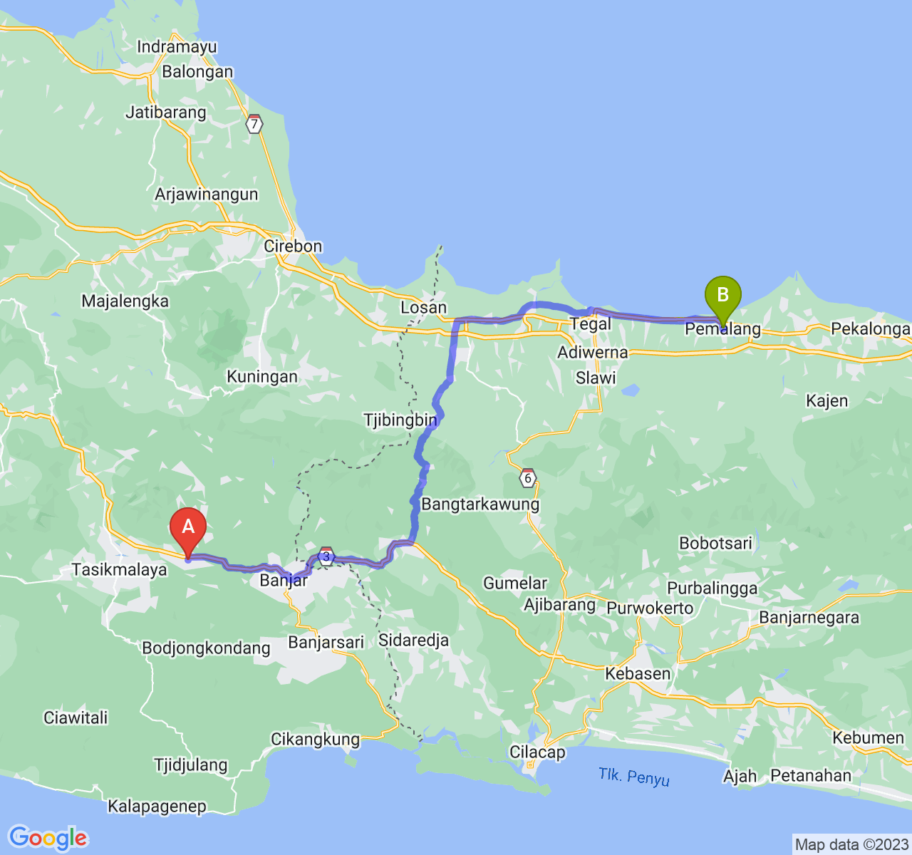 rute perjalanan Kab. Ciamis-Kab. Pemalang