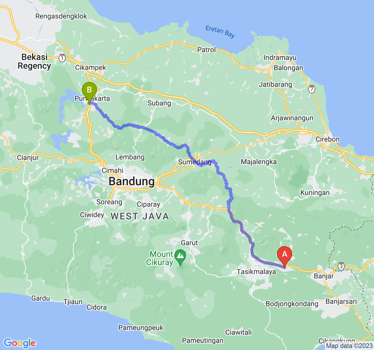 rute perjalanan Kab. Ciamis-Kab. Purwakarta