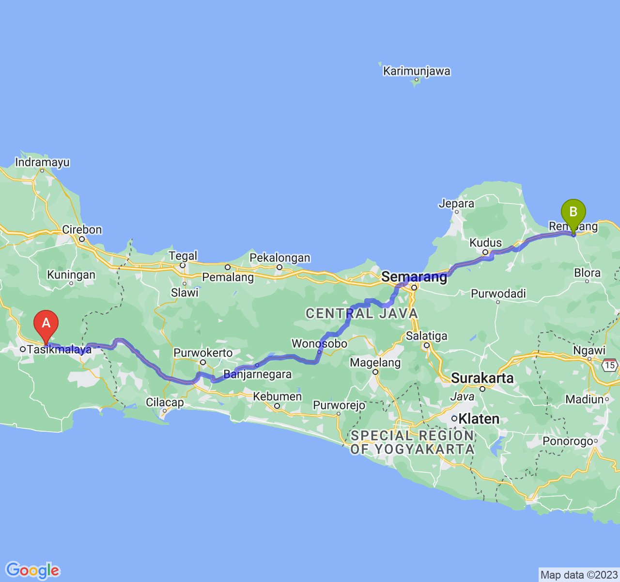 rute perjalanan Kab. Ciamis-Kab. Rembang