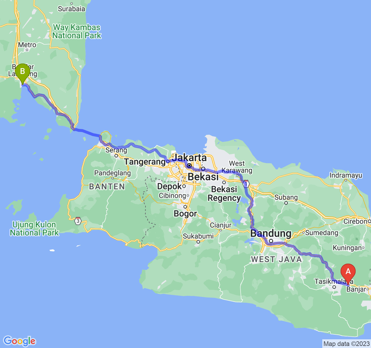 rute perjalanan Kab. Ciamis-Kota Bandar Lampung