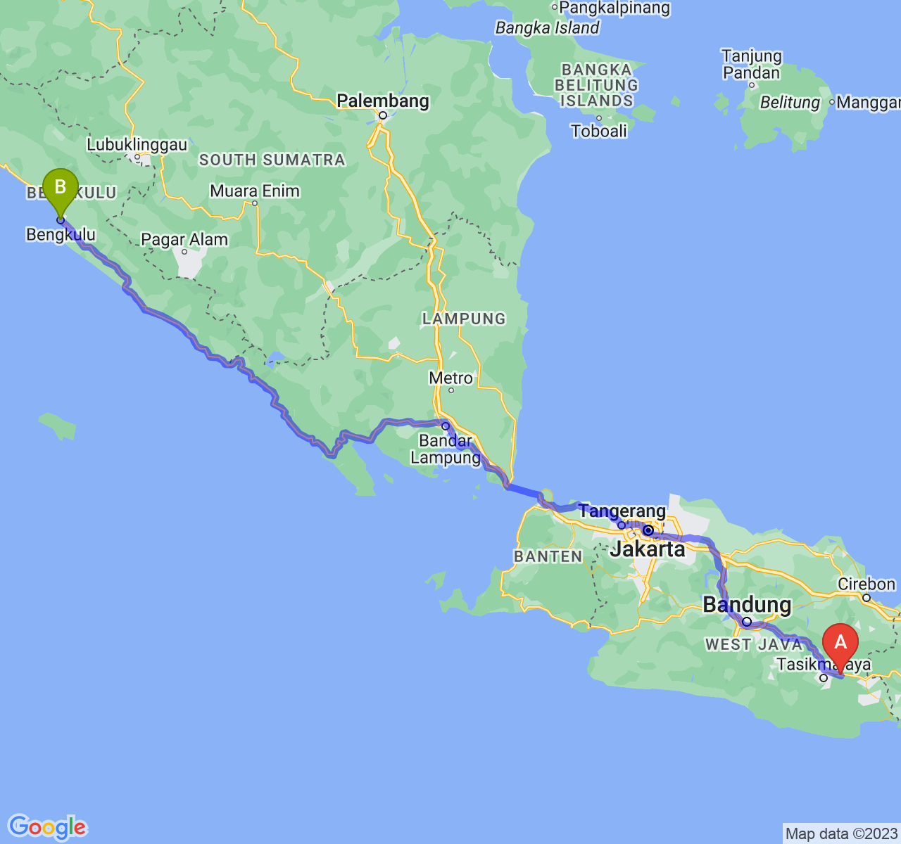 rute perjalanan Kab. Ciamis-Kota Bengkulu