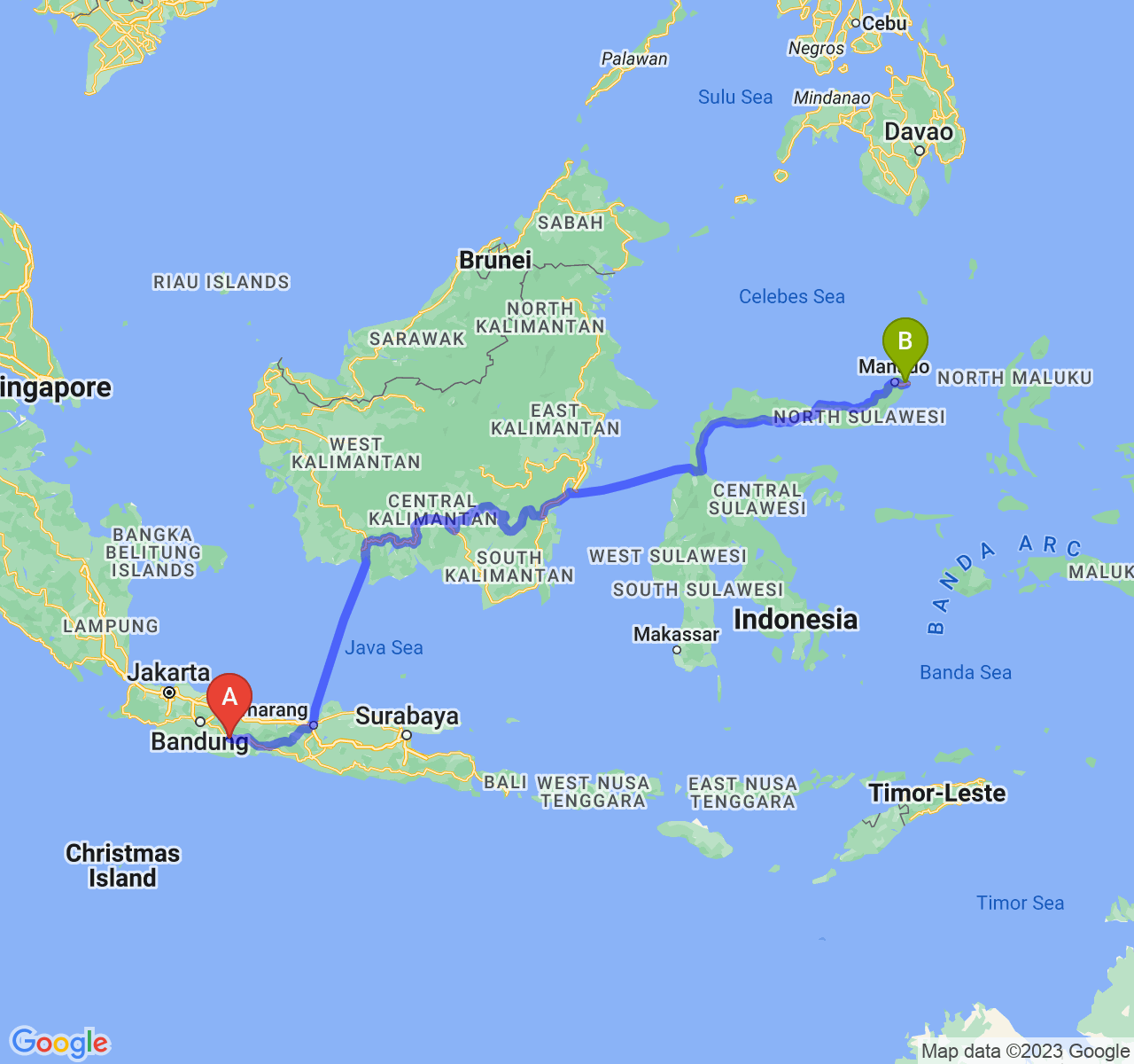 rute perjalanan Kab. Ciamis-Kota Bitung