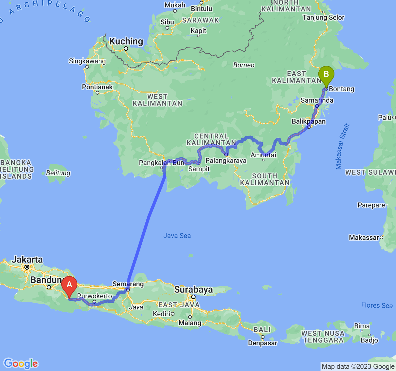 rute perjalanan Kab. Ciamis-Kota Bontang