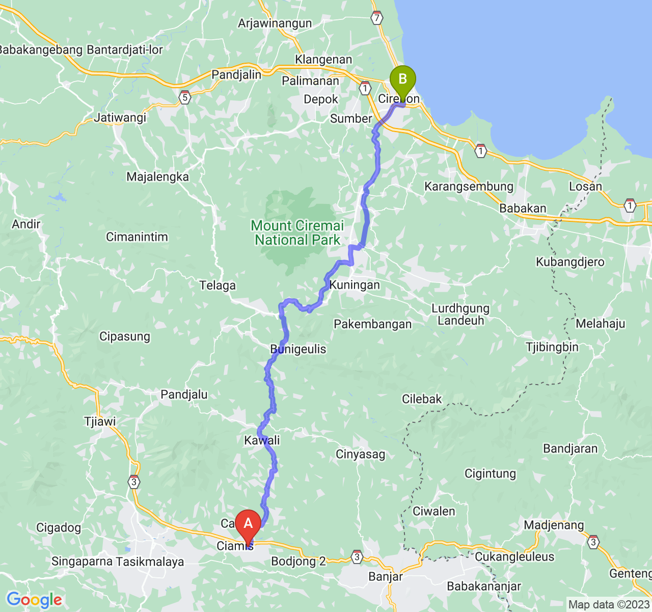 rute perjalanan Kab. Ciamis-Kota Cirebon