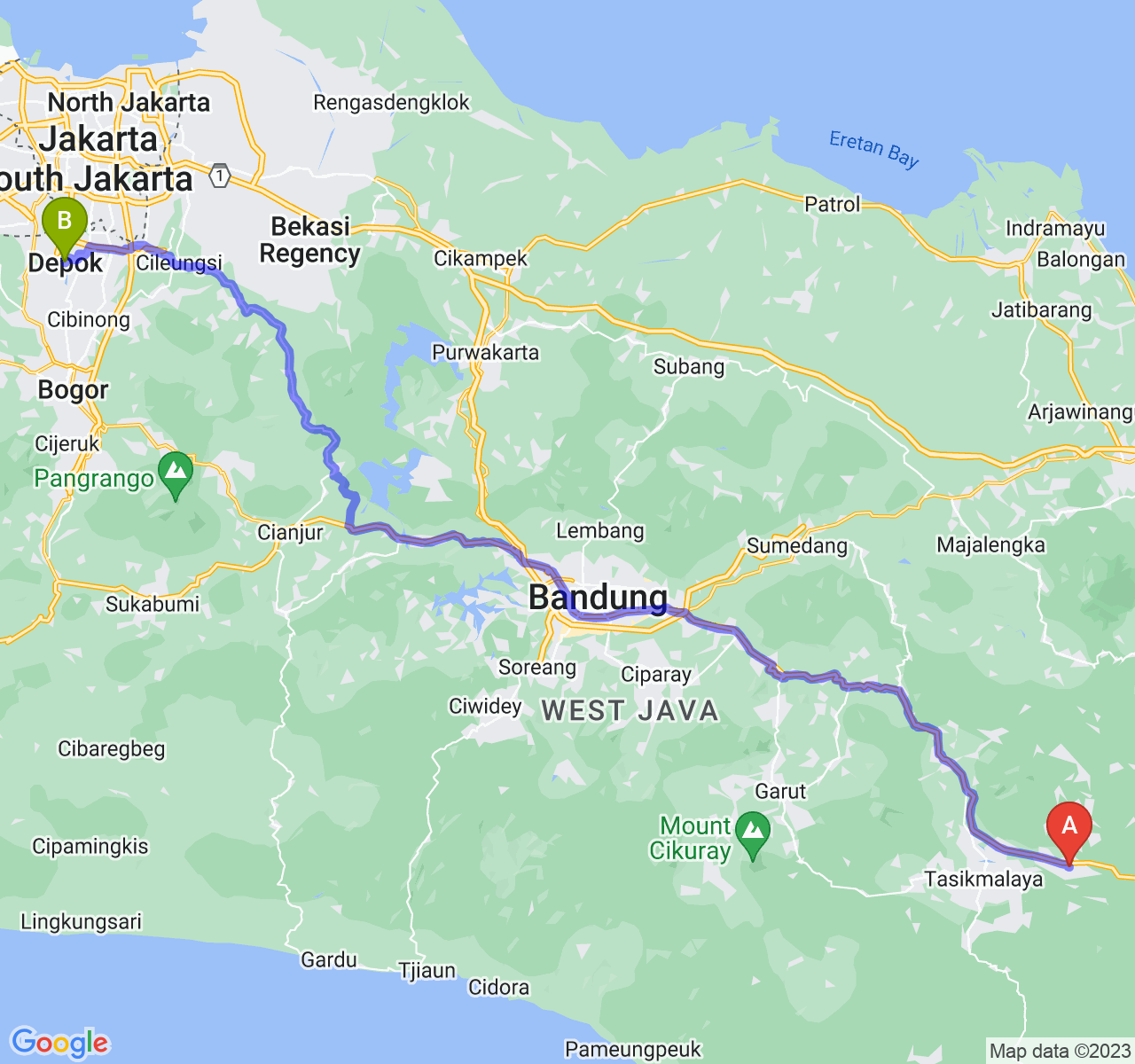 rute perjalanan Kab. Ciamis-Kota Depok