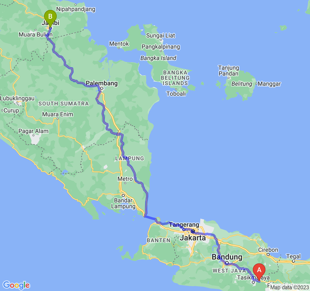 rute perjalanan Kab. Ciamis-Kota Jambi